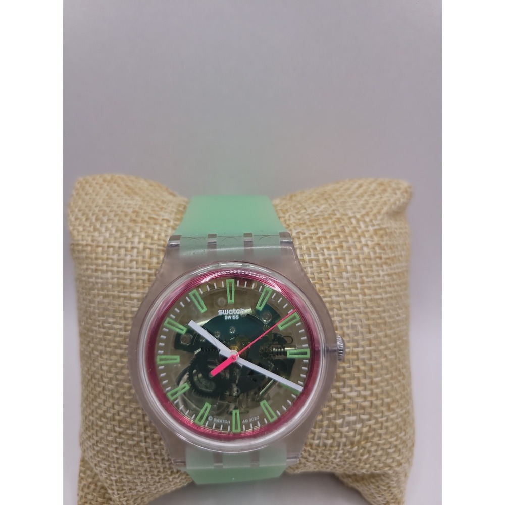 Swatch Skeleton Watch Mint Green Pink Transparent Case Exposed Swiss Made